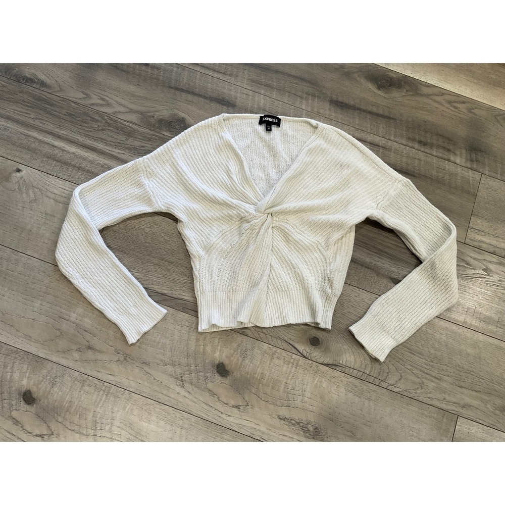 Express White Twist Front Ribbed V-Neck Long Sleeve Sweater Womens XS‎